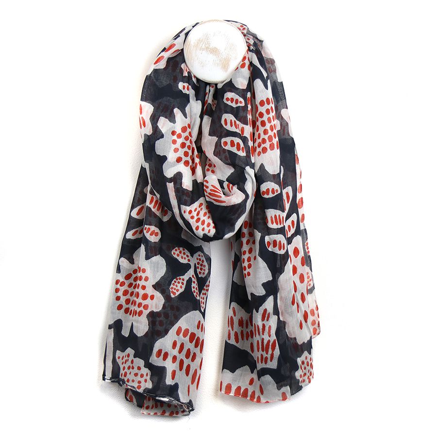 Floral Tulip Print Scarf | Navy & White