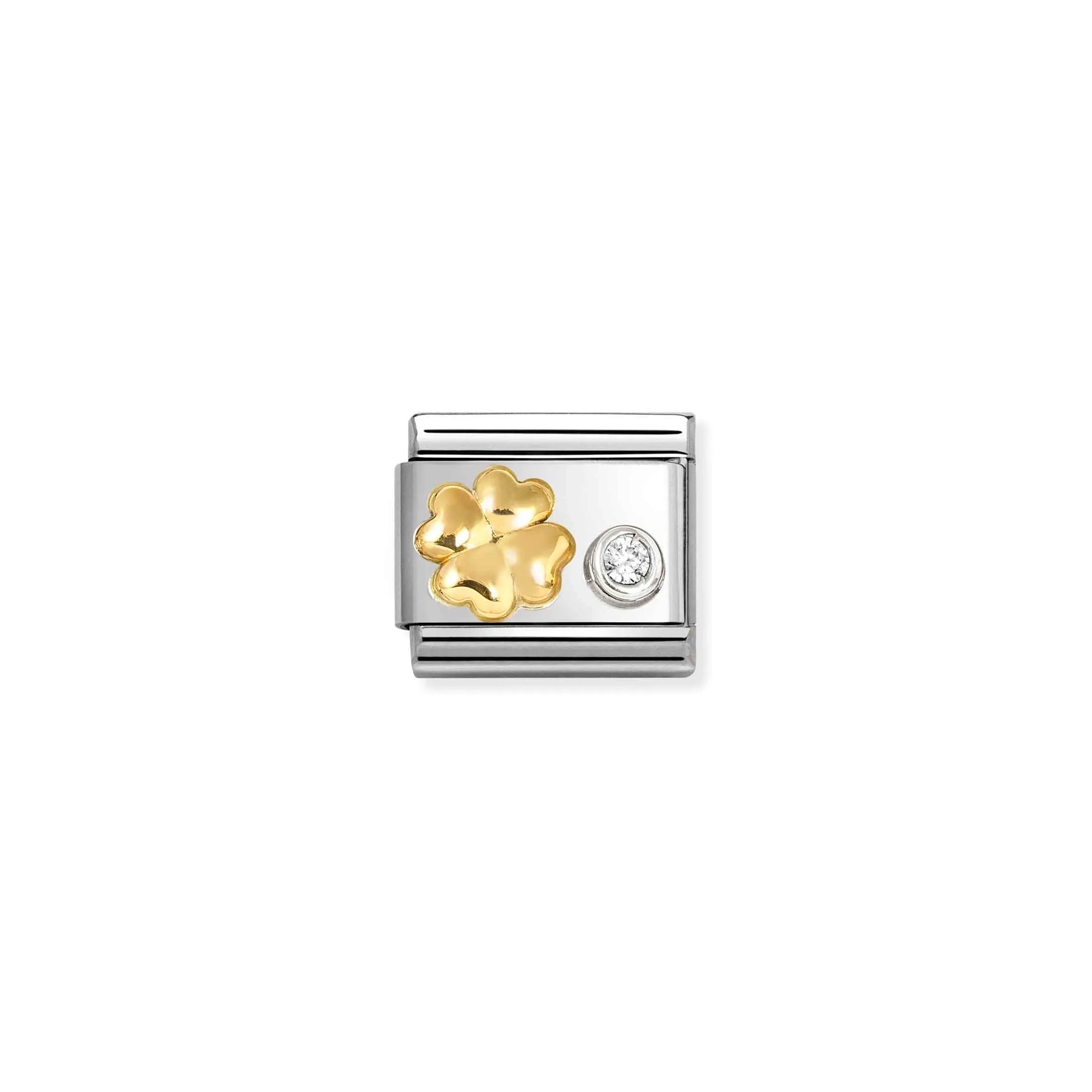 Nomination link with yellow gold four leaf clover and silver surround CZ stone