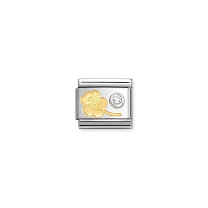 Nomination link with yellow gold forget-me-not flower and white CZ stone detail with silver surround