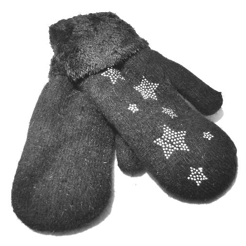 Little Stars Faux Fur Mittens | Black