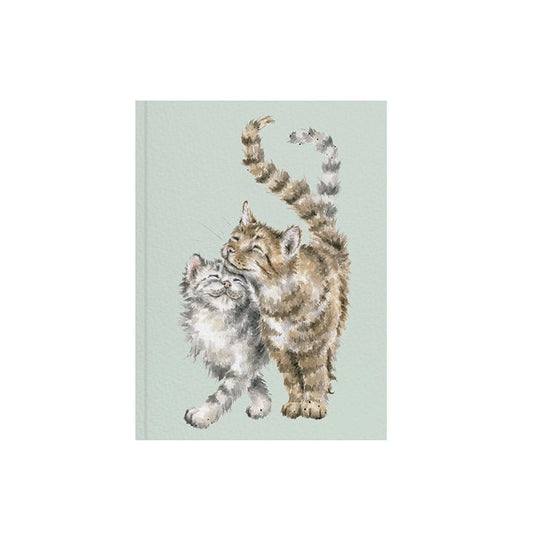 A green paper notebook featuring an illustration of two cuddling tabby cats