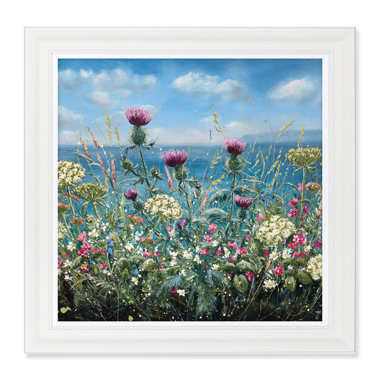 A print of a painting featuring a mix of wild flowers and thistles in front of a body of water