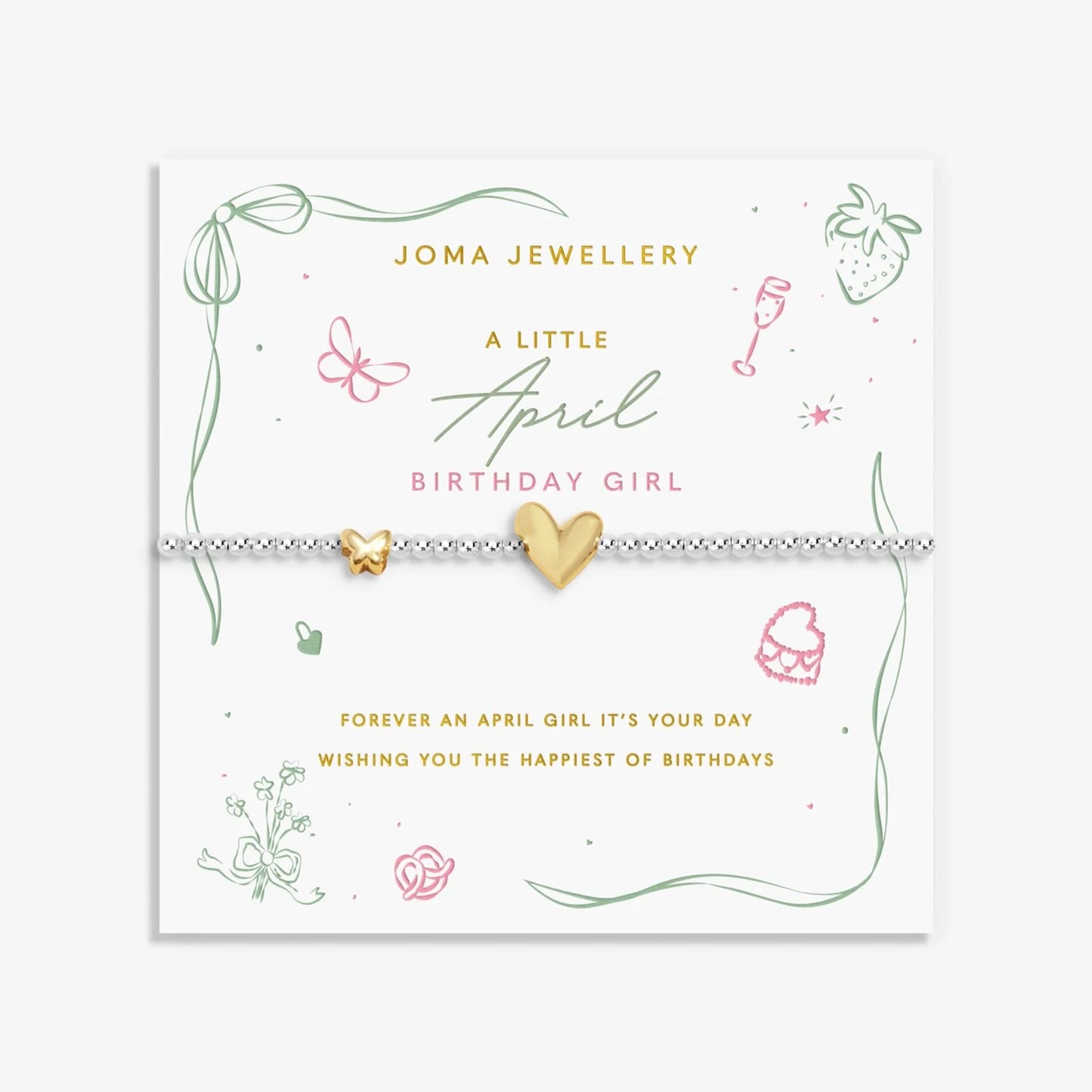 Joma silver beaded birth month bracelet for April with gold heart and butterfly charms on a sentiment card
