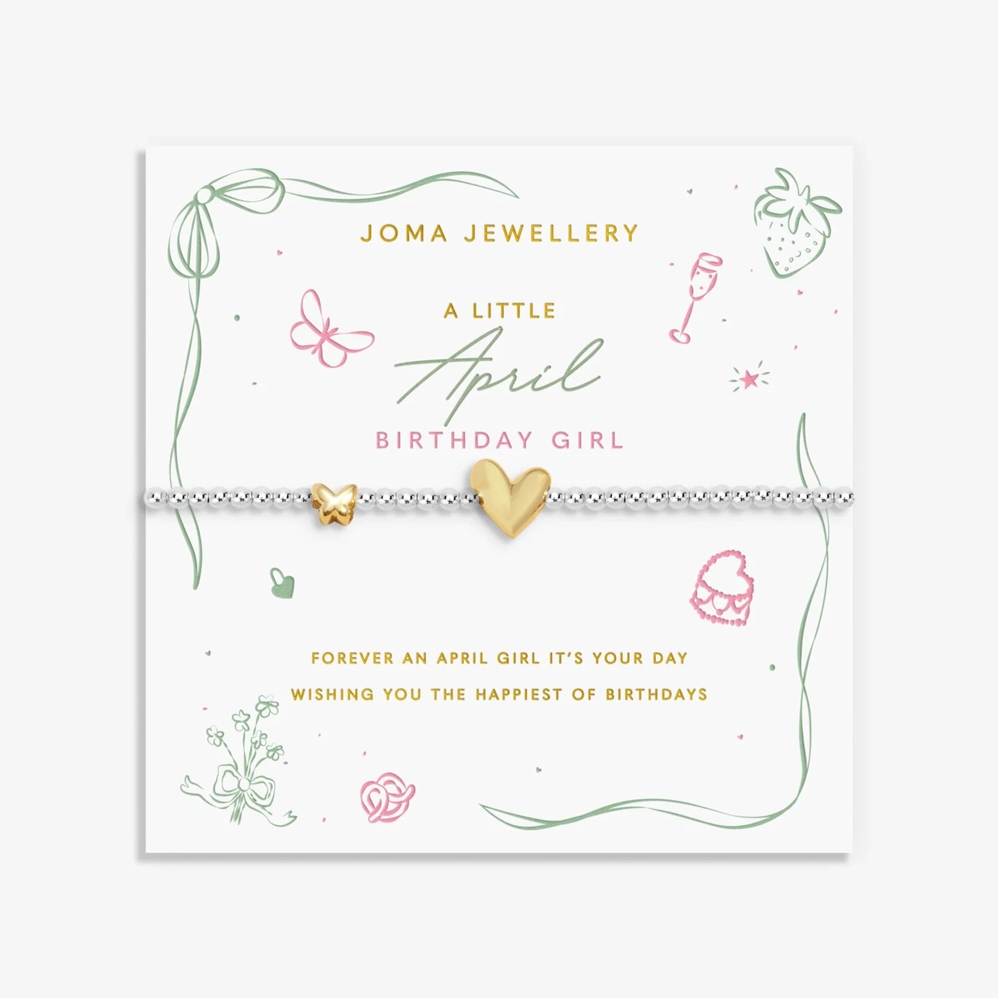 Joma silver beaded birth month bracelet for April with gold heart and butterfly charms on a sentiment card