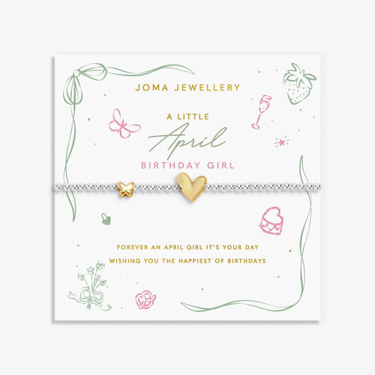 Joma silver beaded birth month bracelet for April with gold heart and butterfly charms on a sentiment card