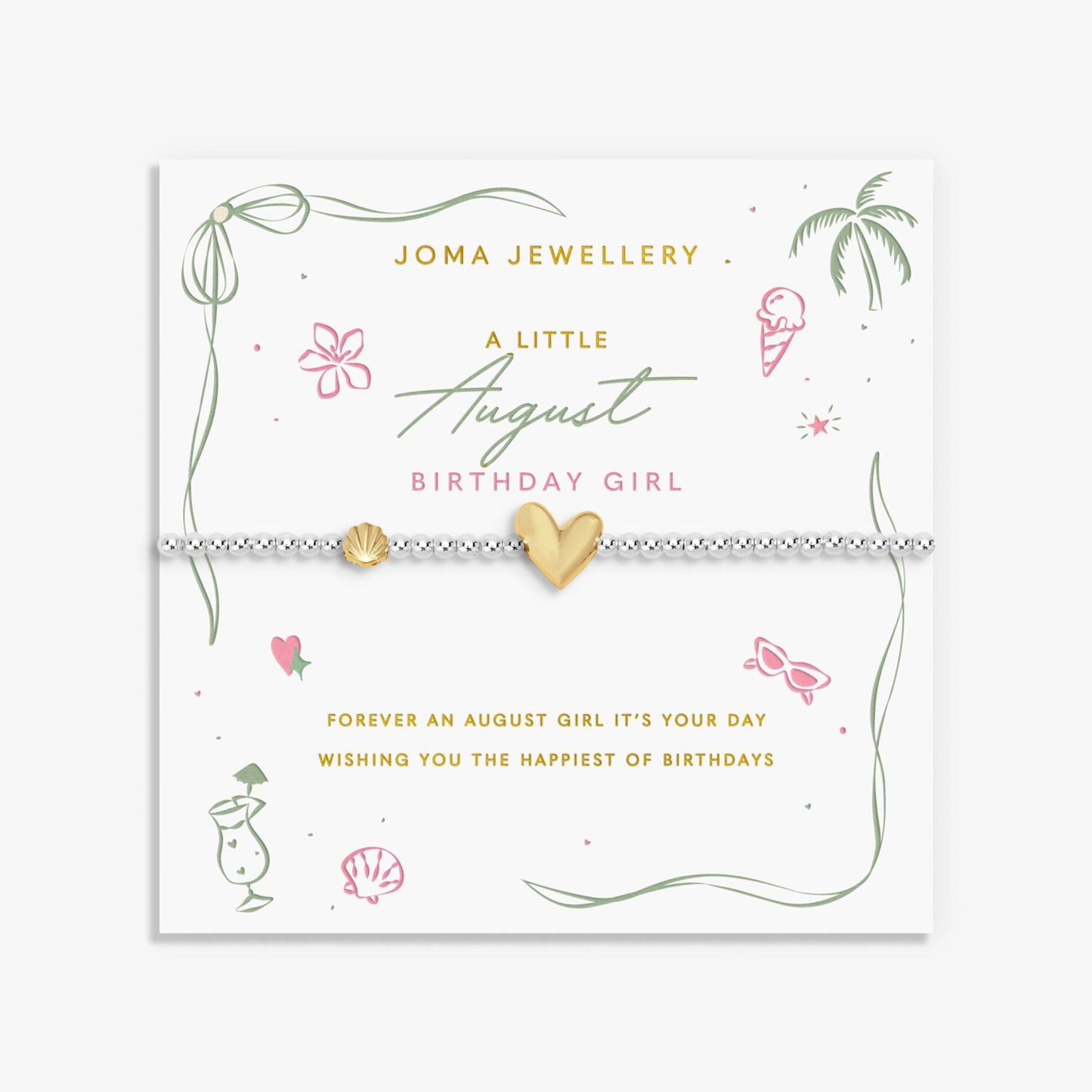 Joma silver beaded birth month bracelet for August with gold heart and seashell charms on a sentiment card