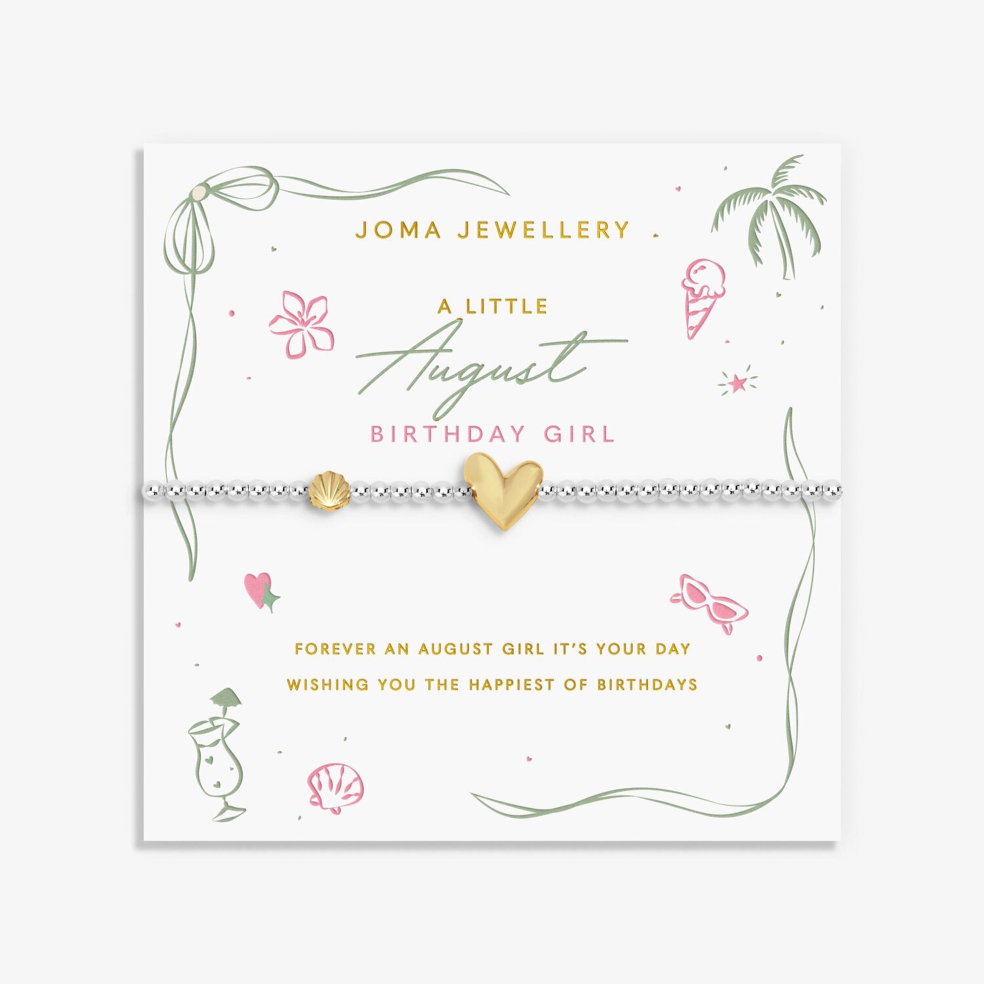 Joma silver beaded birth month bracelet for August with gold heart and seashell charms on a sentiment card