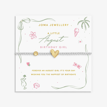 Joma silver beaded birth month bracelet for August with gold heart and seashell charms on a sentiment card