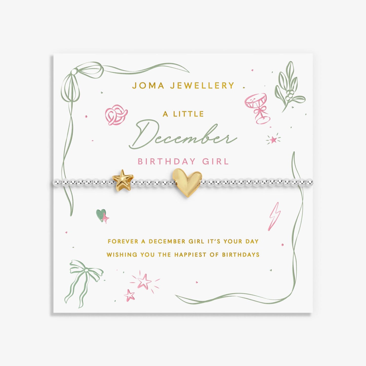 Silver beaded bracelet with a gold heart and star charm for a December birthday on a sentiment card