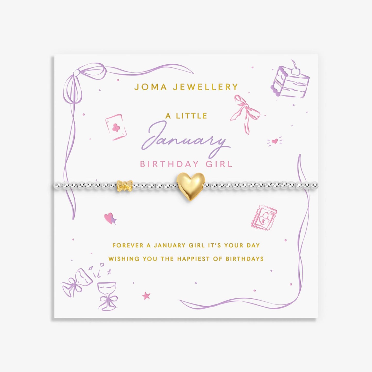 Joma silver beaded birth month bracelet for January with gold heart and bow charms on a sentiment card