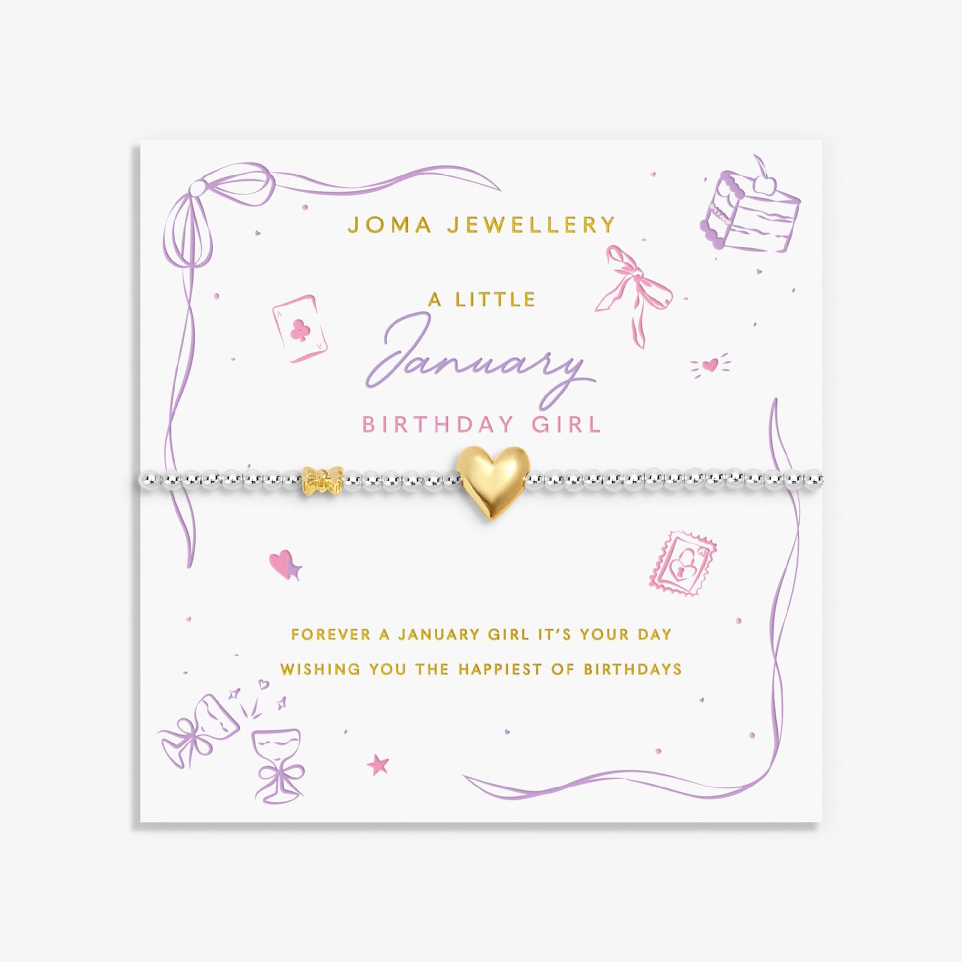 Joma silver beaded birth month bracelet for January with gold heart and bow charms on a sentiment card