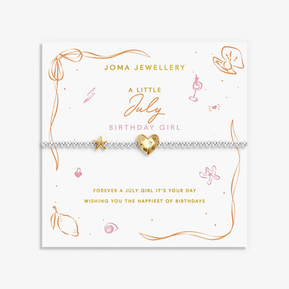 Joma silver beaded birth month bracelet for July with gold heart and starfish charms on a sentiment card