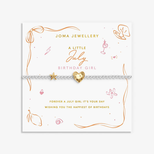 Joma silver beaded birth month bracelet for July with gold heart and starfish charms on a sentiment card
