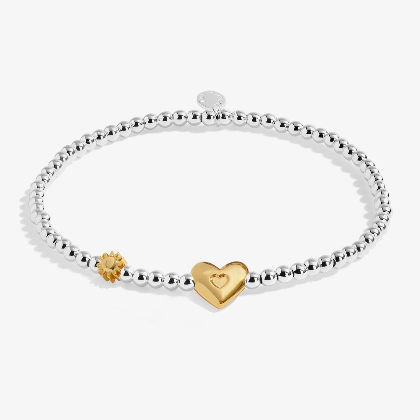 Silver beaded birth month bracelet for June with gold heart and sun charms
