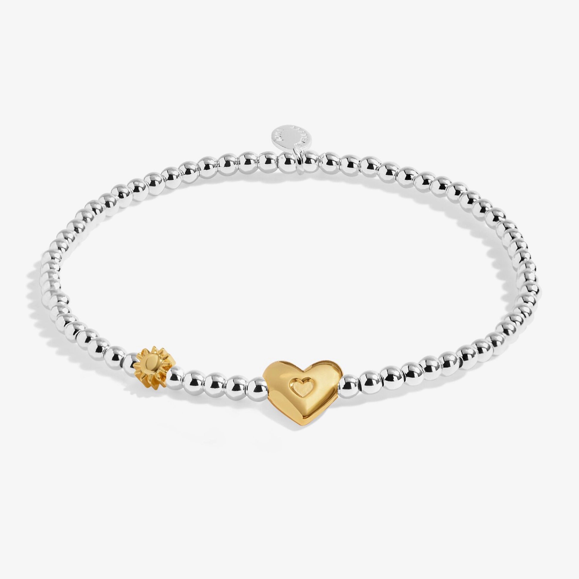 Silver beaded birth month bracelet for June with gold heart and sun charms