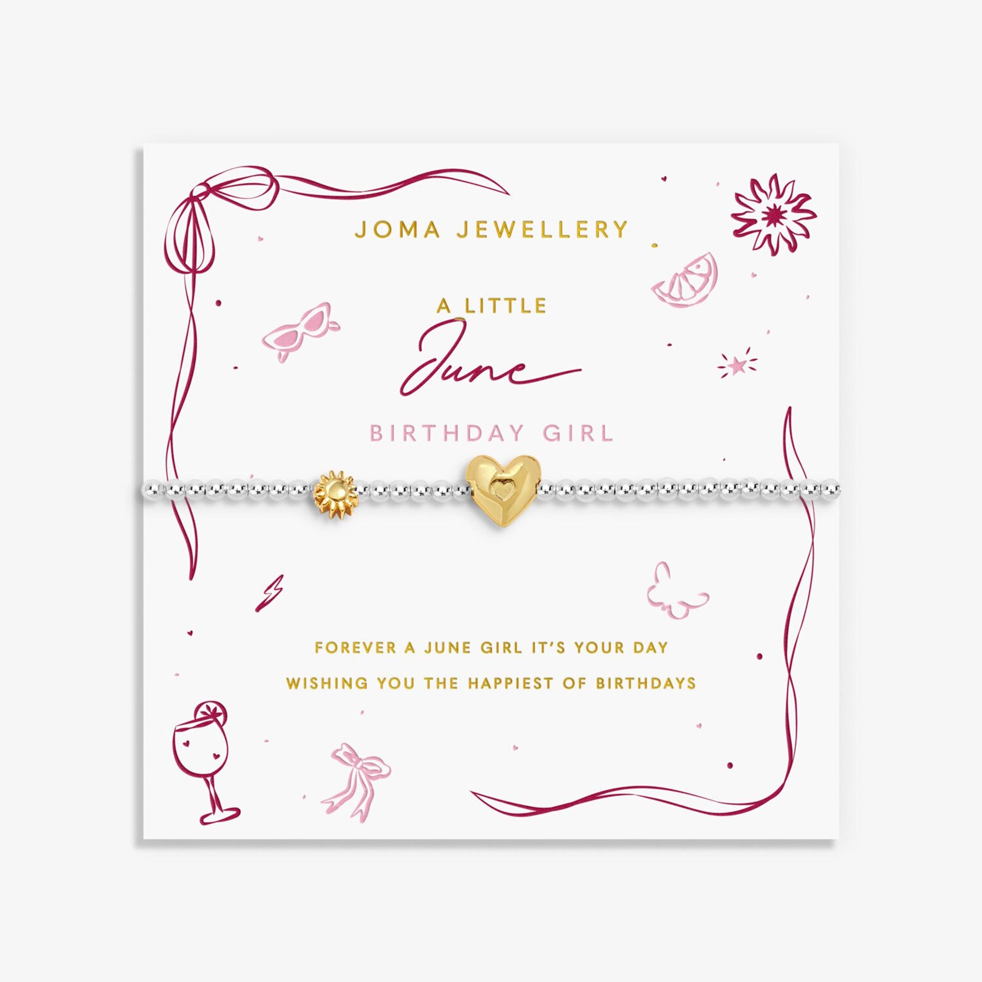 Joma silver beaded birth month bracelet for June with gold heart and sun charms on a sentiment card
