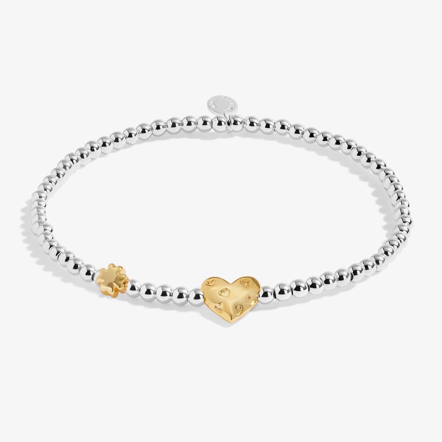 Silver beaded birth month bracelet for March with gold heart and clover charms 
