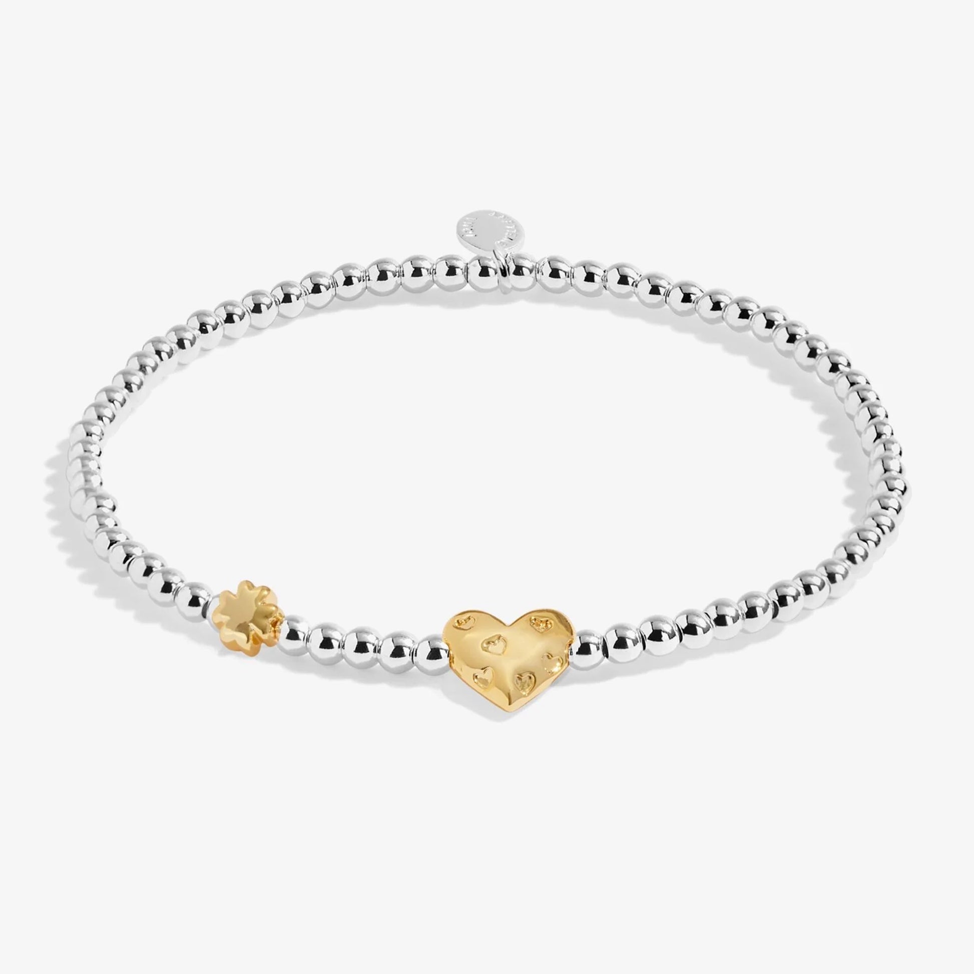 Silver beaded birth month bracelet for March with gold heart and clover charms 