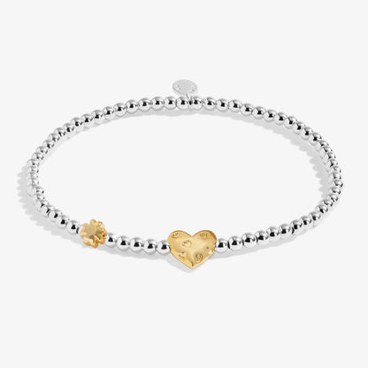 Silver beaded birth month bracelet for March with gold heart and clover charms 