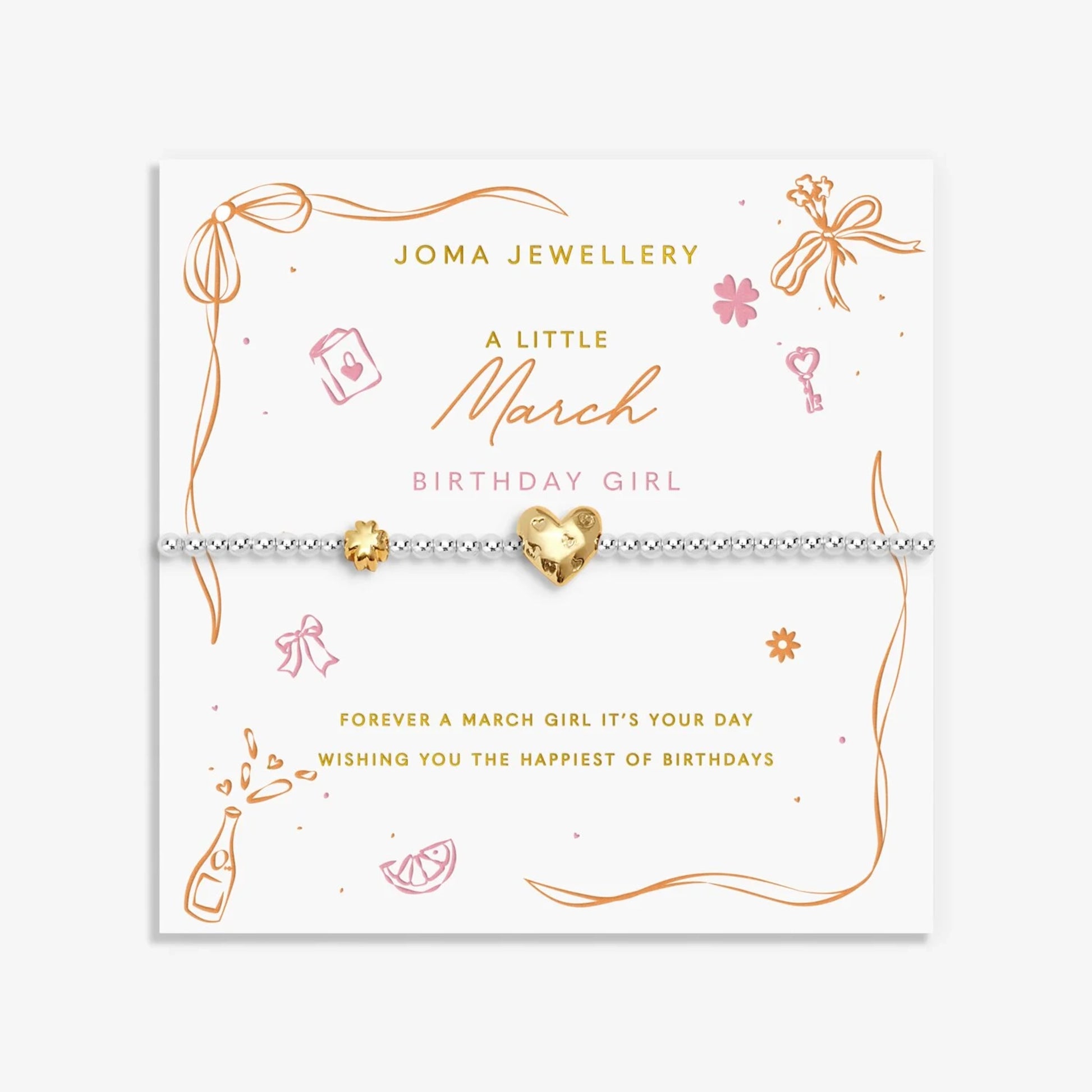 Joma silver beaded birth month bracelet for March with gold heart and clover charms on a sentiment card