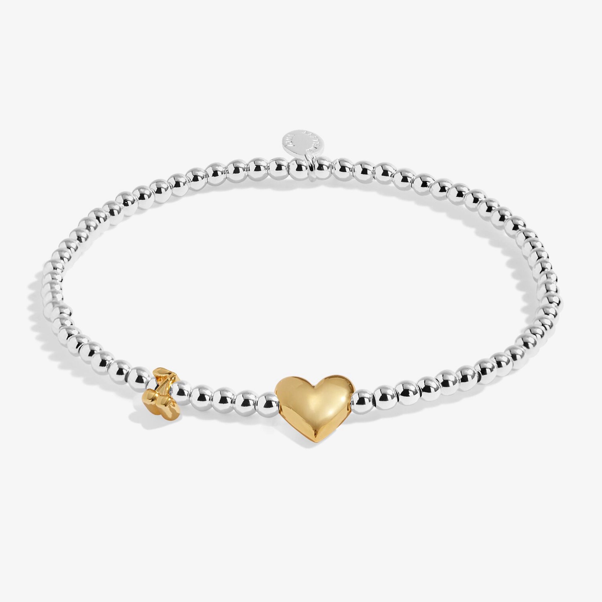 Silver beaded birth month bracelet for May with gold heart and cherry charms 