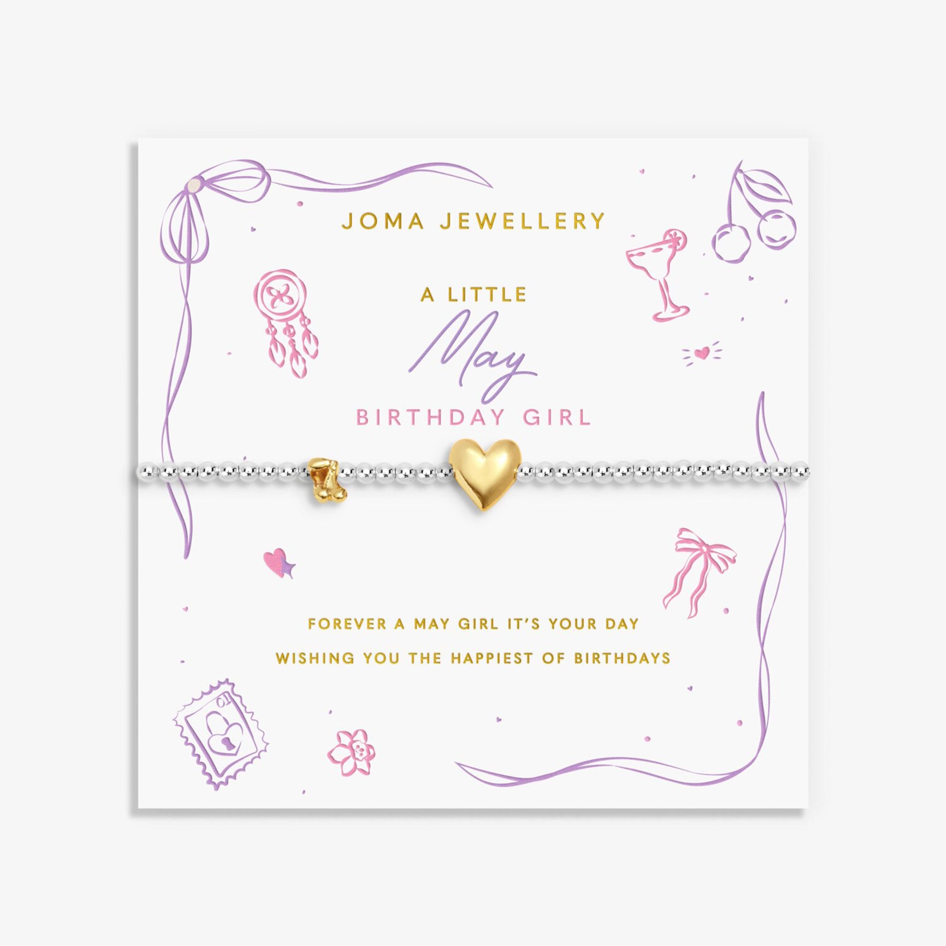 Joma silver beaded birth month bracelet for May with gold heart and cherry charms on a sentiment card