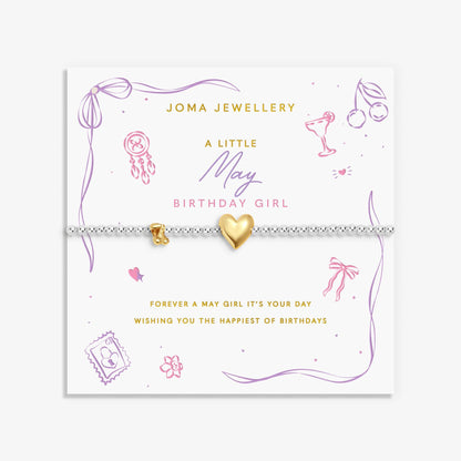 Joma silver beaded birth month bracelet for May with gold heart and cherry charms on a sentiment card