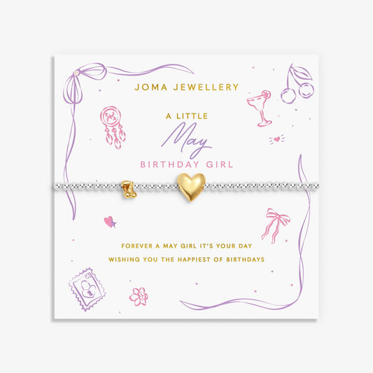 Joma silver beaded birth month bracelet for May with gold heart and cherry charms on a sentiment card