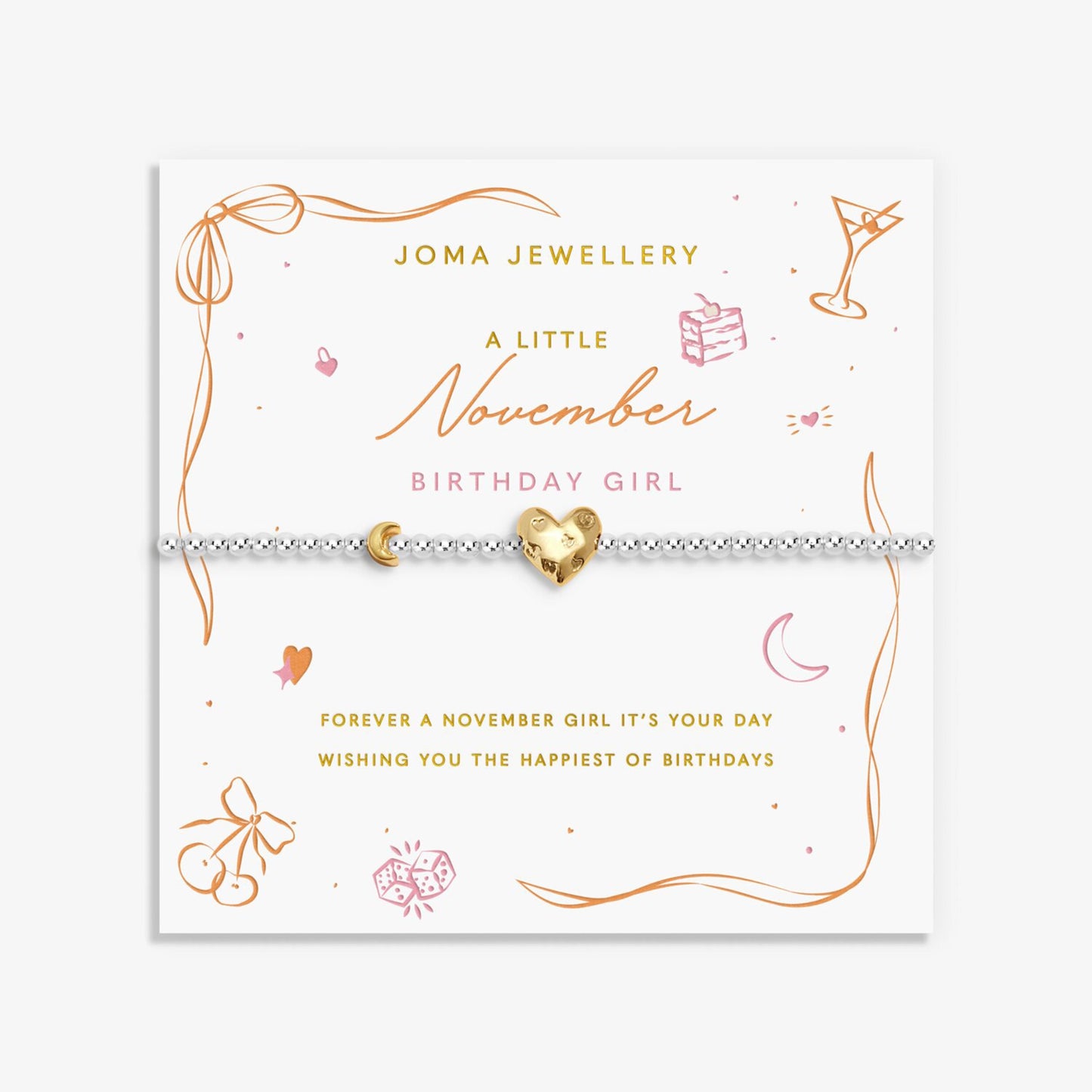 Joma silver beaded birth month bracelet for November with gold heart and moon charms on a sentiment card