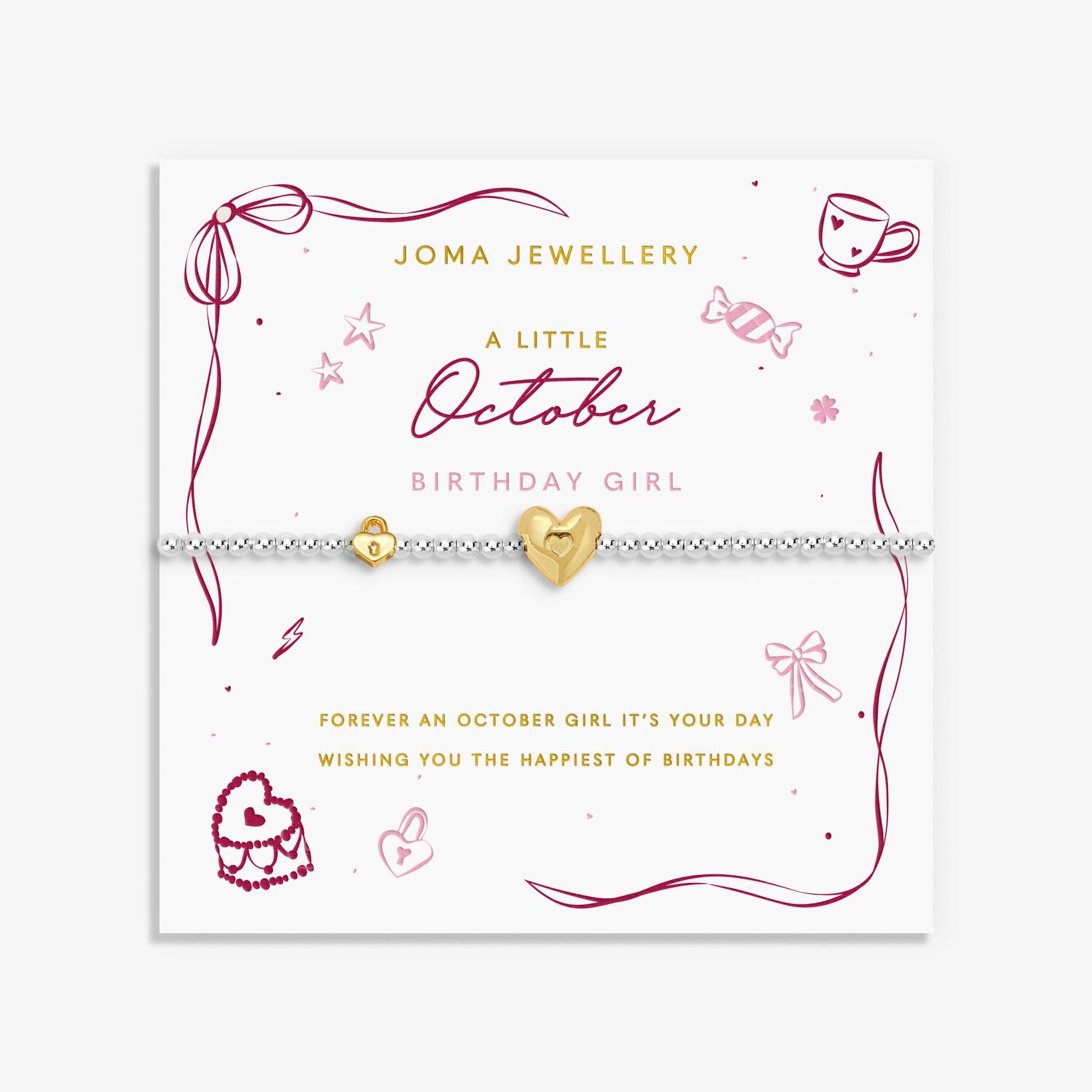 Joma silver beaded birth month bracelet for October with gold heart and padlock charms on a sentiment card
