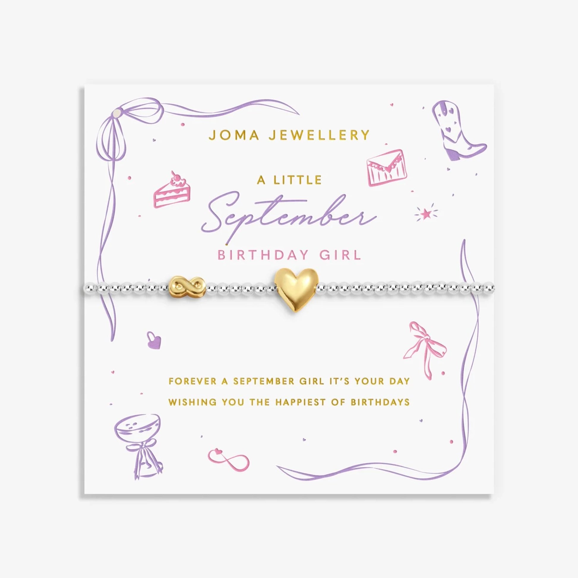 Joma silver beaded birth month bracelet for September with gold heart and infinity charms on a sentiment card