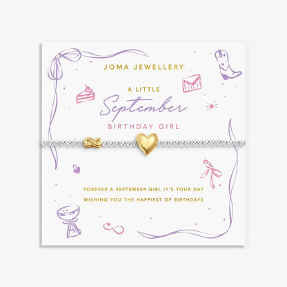 Joma silver beaded birth month bracelet for September with gold heart and infinity charms on a sentiment card