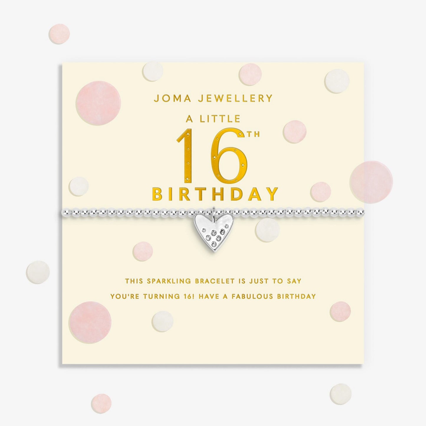 Joma stretch silver bracelet with heart charm on a sentiment card for a 16th birthday