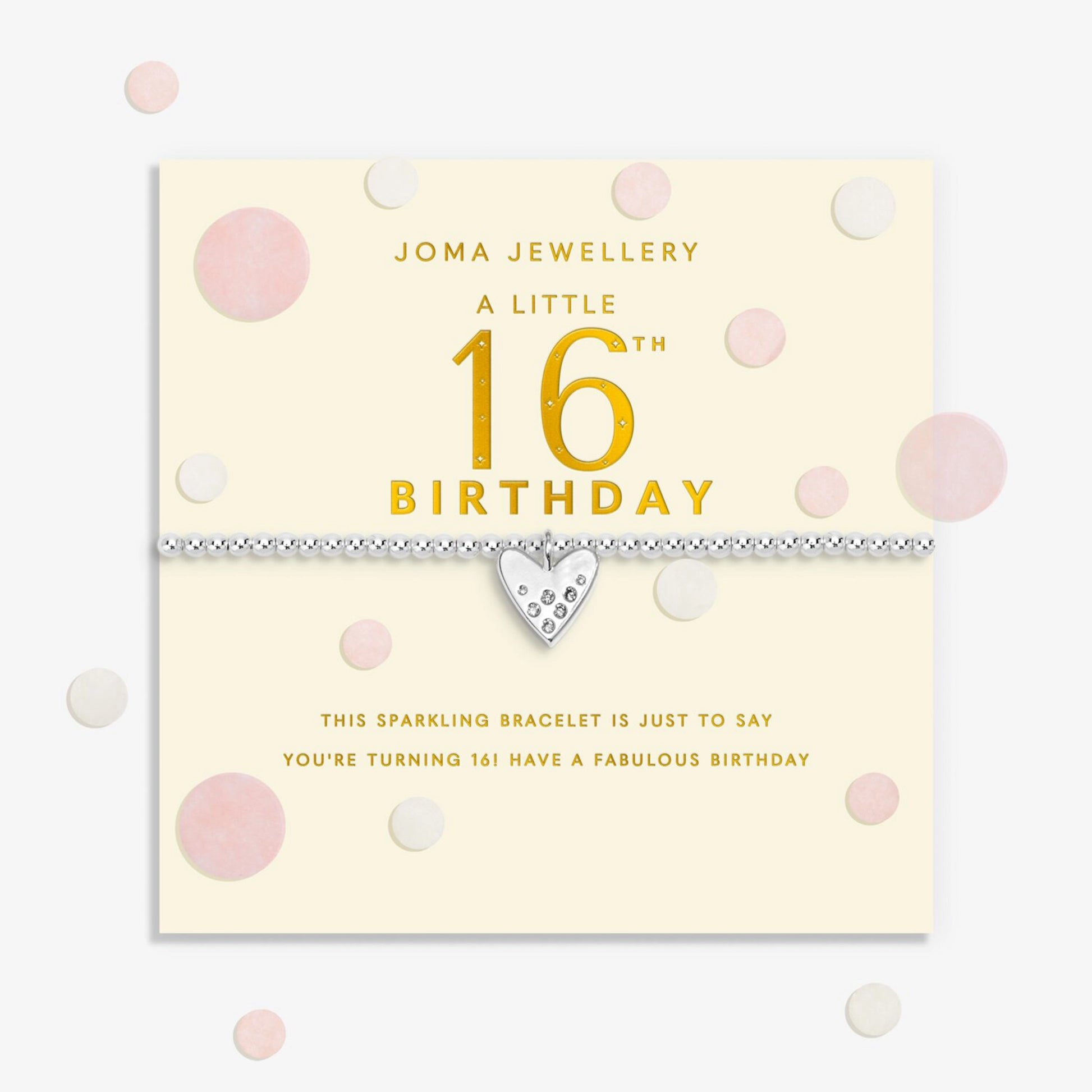 Joma stretch silver bracelet with heart charm on a sentiment card for a 16th birthday
