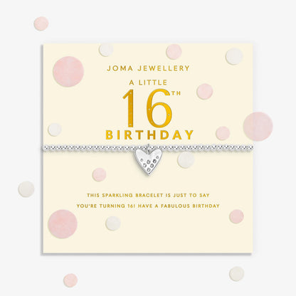 Joma stretch silver bracelet with heart charm on a sentiment card for a 16th birthday