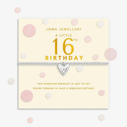 Joma stretch silver bracelet with heart charm on a sentiment card for a 16th birthday