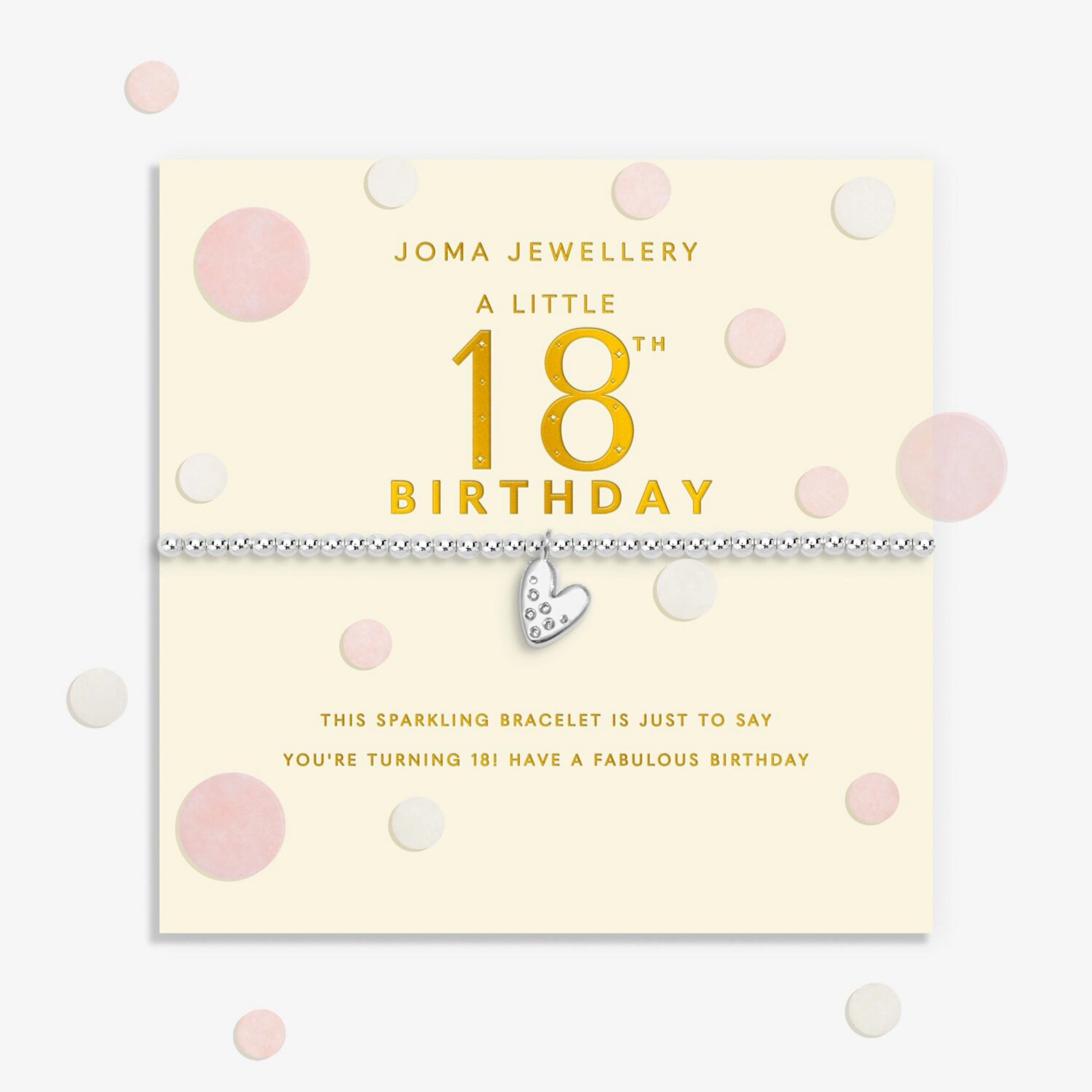 Joma stretch silver bracelet with heart charm on a sentiment card for an 18th birthday 
