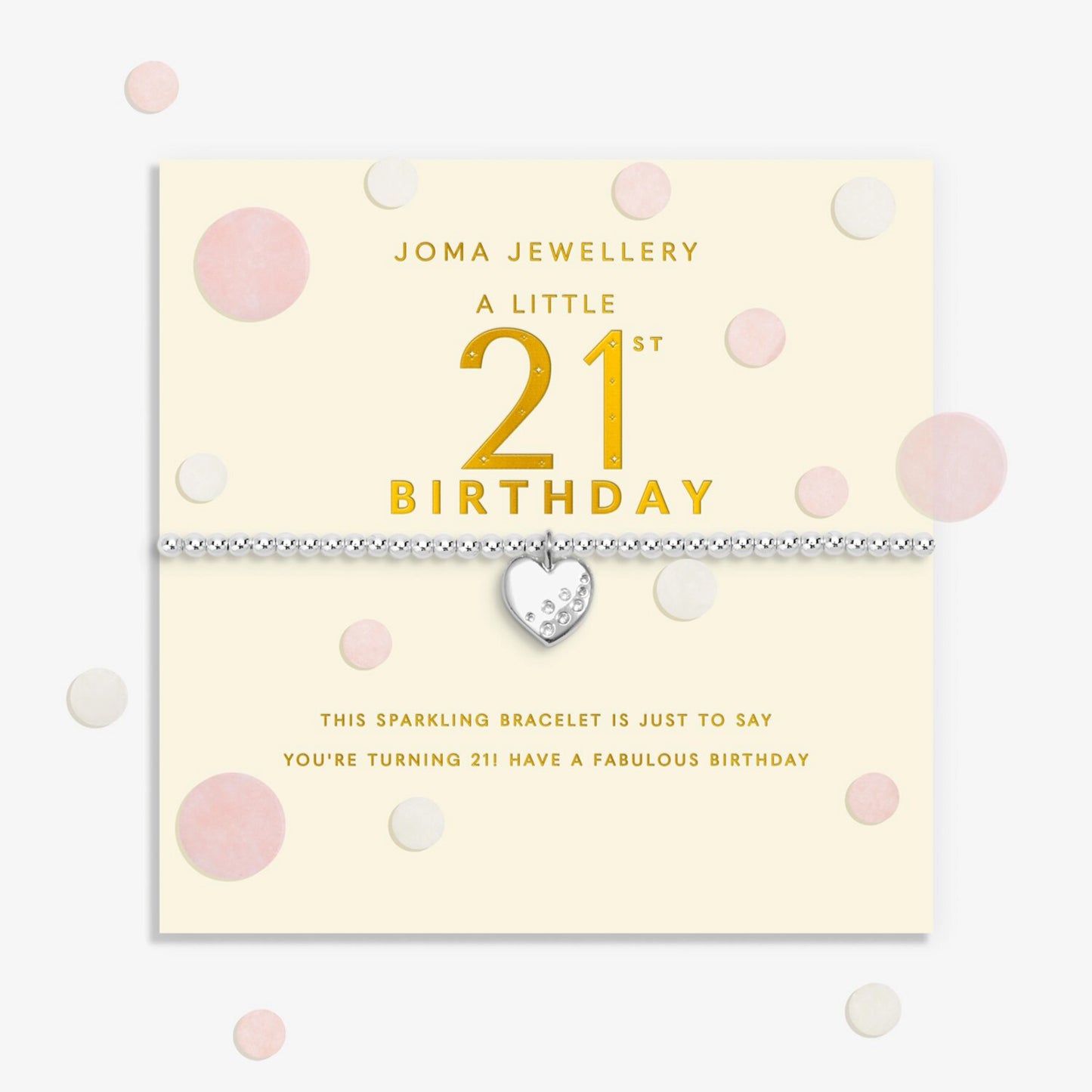 Joma stretch silver bracelet with heart charm on a sentiment card for a 21st birthday 