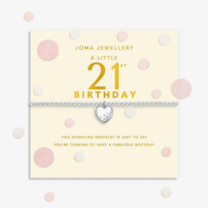 Joma stretch silver bracelet with heart charm on a sentiment card for a 21st birthday 