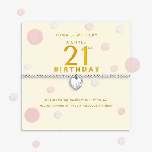 Joma stretch silver bracelet with heart charm on a sentiment card for a 21st birthday 