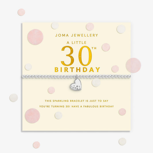 Joma stretch silver bracelet with heart charm on a sentiment card for a 30th birthday 