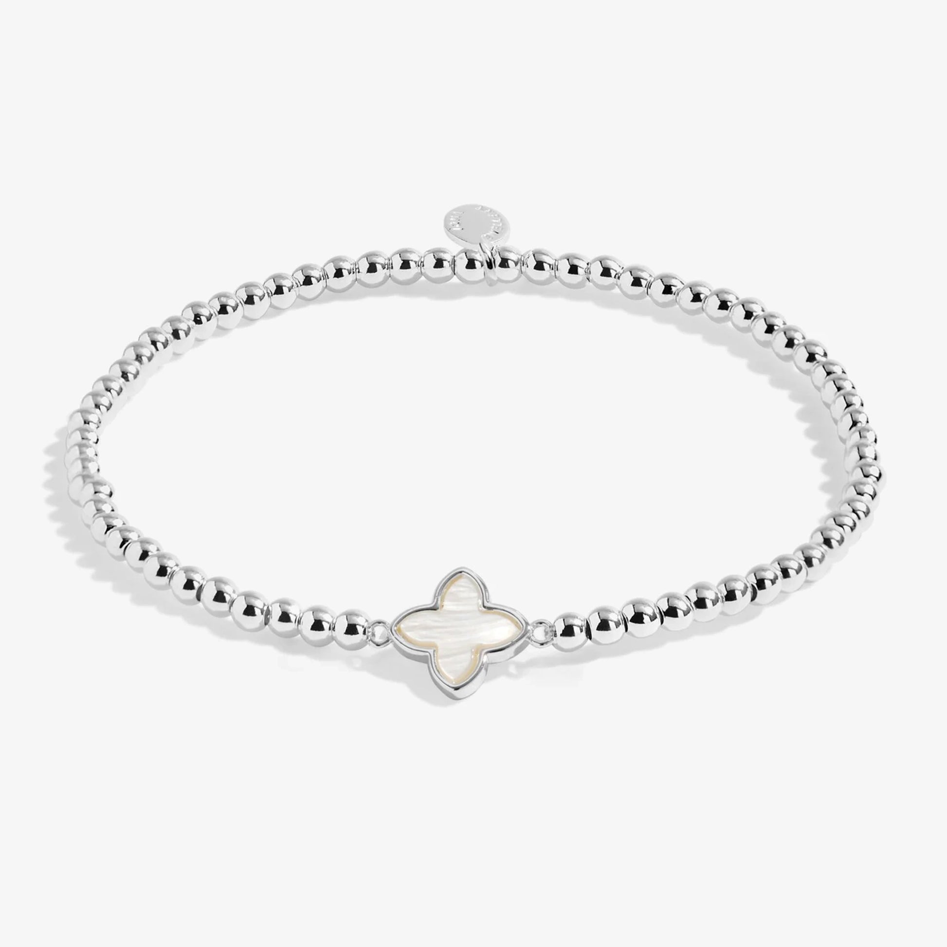 Silver beaded bracelet with clover and mother of pearl charm