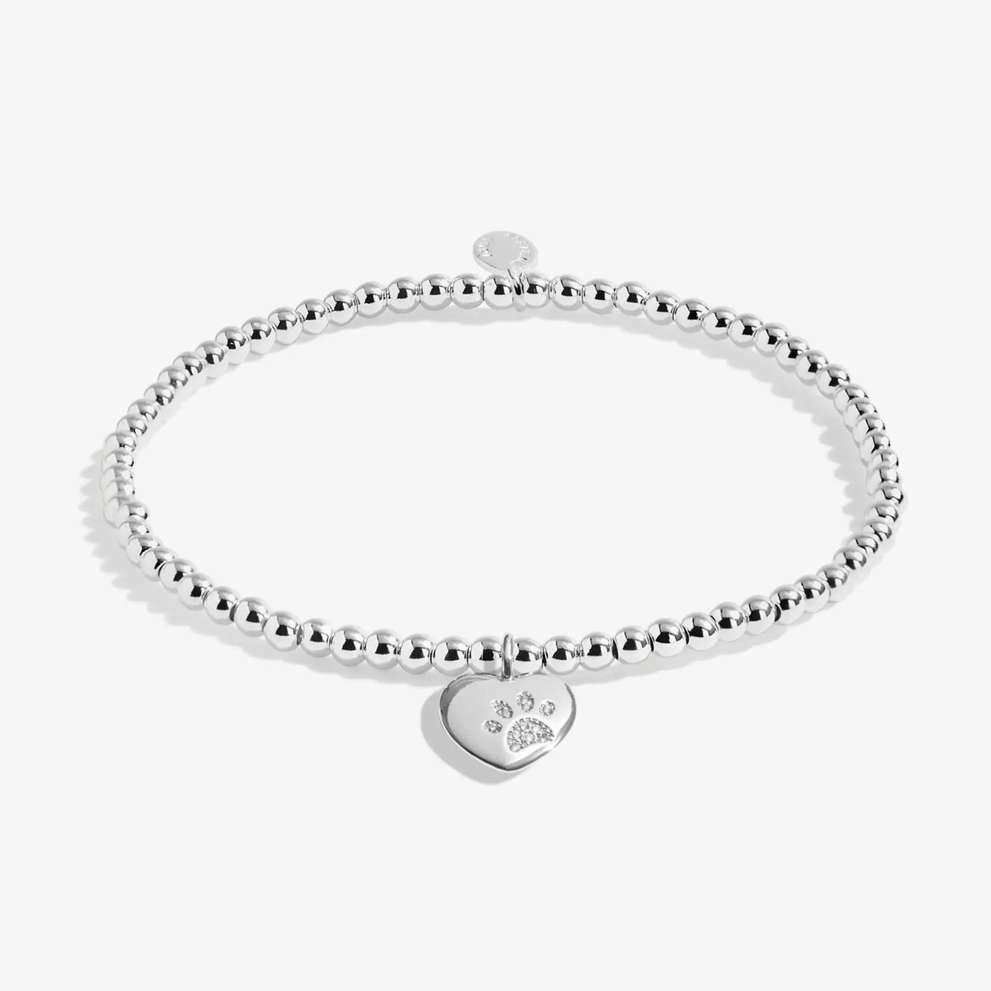 Silver beaded bracelet with heart charm embossed with a CZ set pawprint