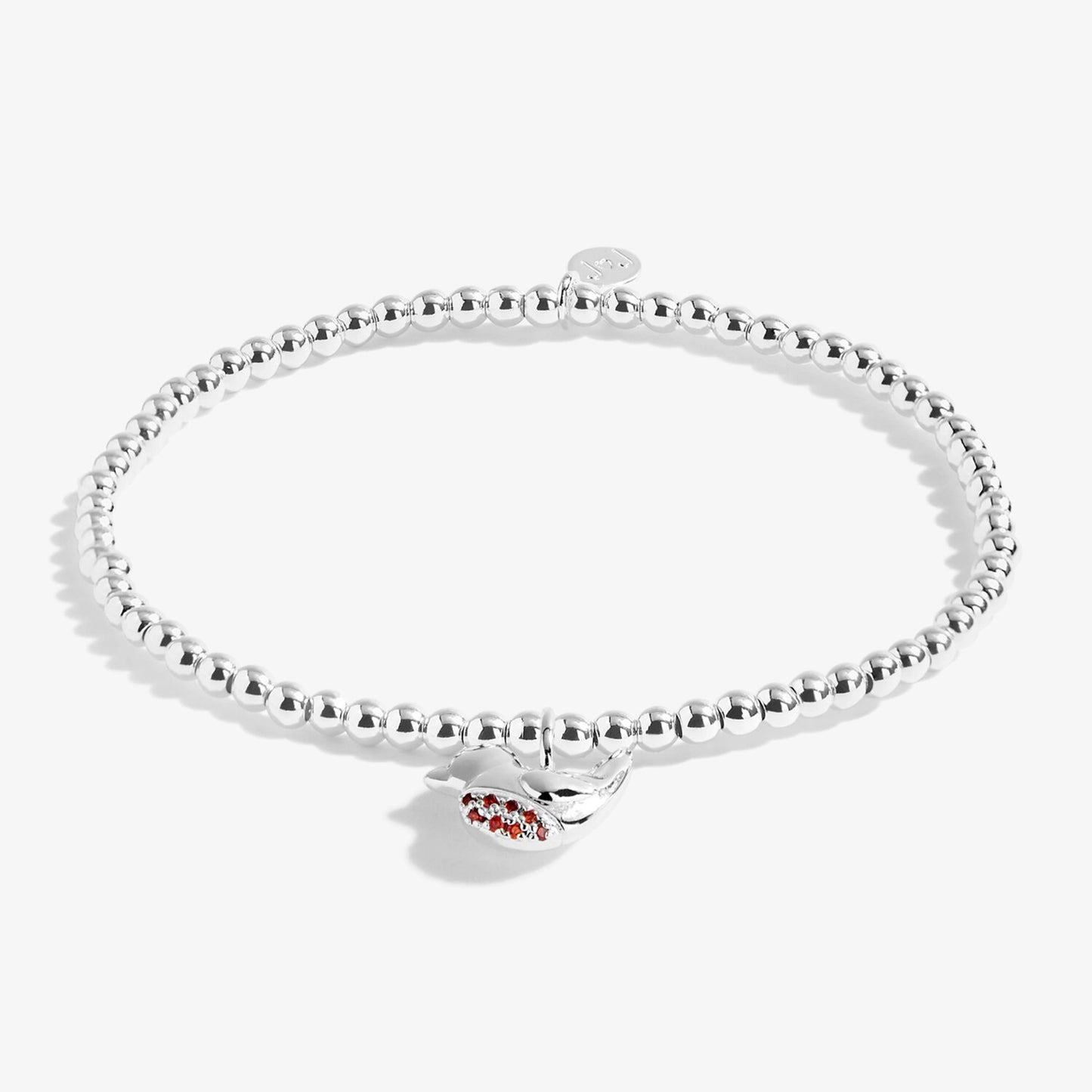 Silver beaded bracelet with little robin charm set with red CZ stones
