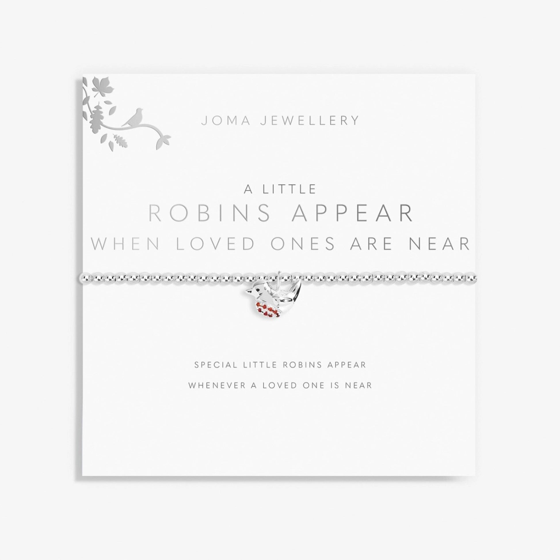 Joma silver beaded bracelet with little robin charm set with red CZ stones on a sentiment card