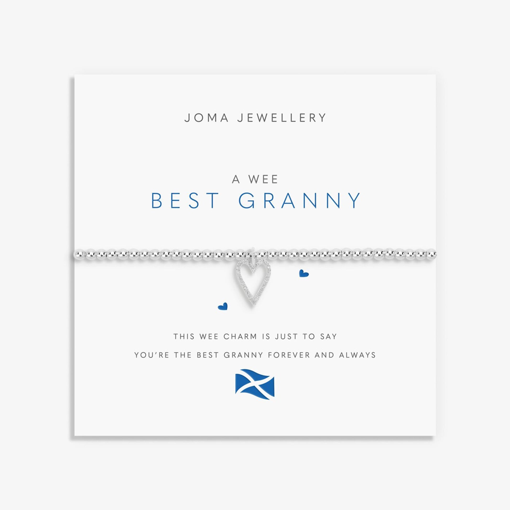 Joma silver beaded bracelet with open heart charm set with CZ stones on a sentiment card that says 'best granny'