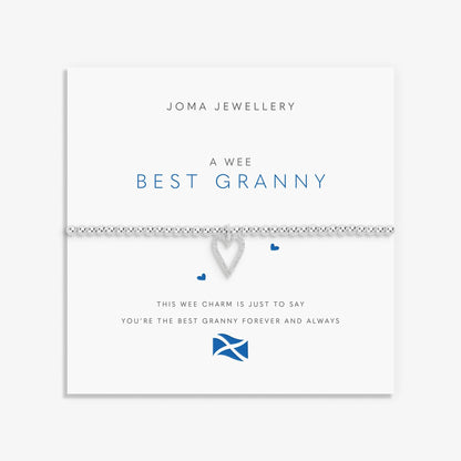 Joma silver beaded bracelet with open heart charm set with CZ stones on a sentiment card that says 'best granny'