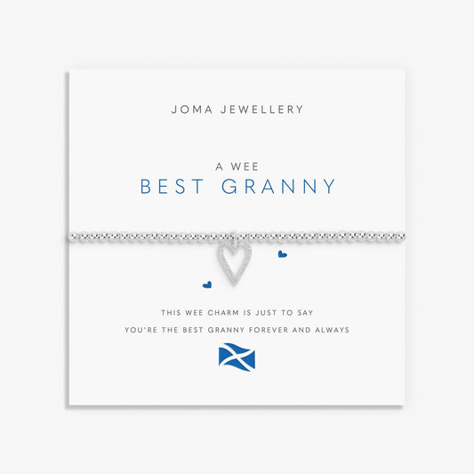 Joma silver beaded bracelet with open heart charm set with CZ stones on a sentiment card that says 'best granny'