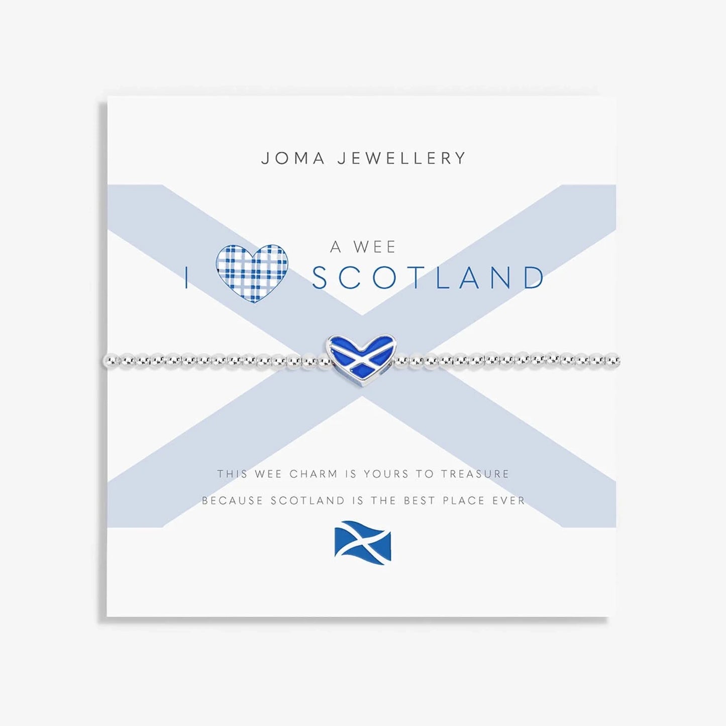 Joma silver beaded bracelet with blue enamel Saltire in a heart charm on a sentiment card - I Love Scotland