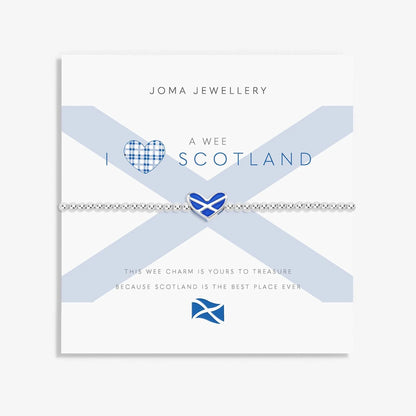 Joma silver beaded bracelet with blue enamel Saltire in a heart charm on a sentiment card - I Love Scotland